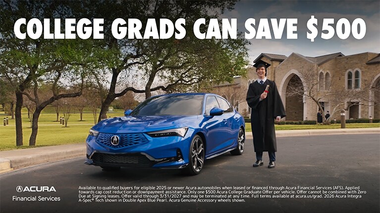 2026 Acura Integra A-Spec in Double Apex Blue Pearl front on a college campus with a graduate (Premium Sport Compact). 2026 Acura Integra A-Spec in Double Apex Blue Pearl front on a college campus with a graduate (Premium Sport Compact).