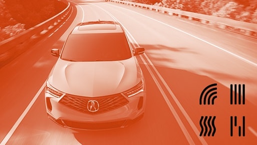 2026 Acura RDX SH-AWD front view, driving on a winding road (Premium Sport Crossover SUV). 2026 Acura RDX SH-AWD front view, driving on a winding road (Premium Sport Crossover SUV).