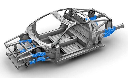 Free-standing NSX body structure joint pieces formed by aluminum.