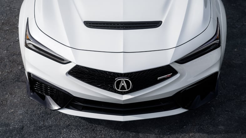 Acura Integra Type S in Platinum White Pearl, high angle view of vented hood Acura Integra Type S in Platinum White Pearl, high angle view of vented hood