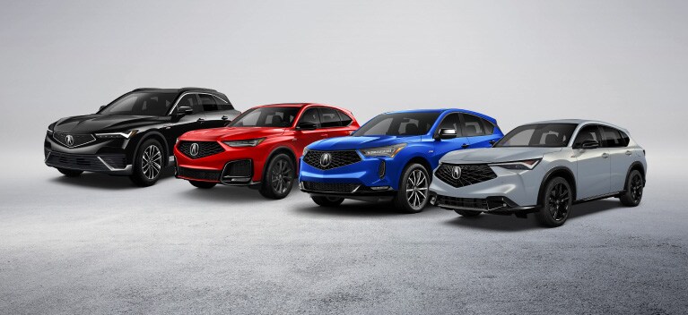 ZDX in Black Metallic Pearl, MDX in Performance Red Pearl, RDX in Apex Blue Pearl, and ADX in Urban Gray Pearl side by side. ZDX in Black Metallic Pearl, MDX in Performance Red Pearl, RDX in Apex Blue Pearl, and ADX in Urban Gray Pearl side by side.